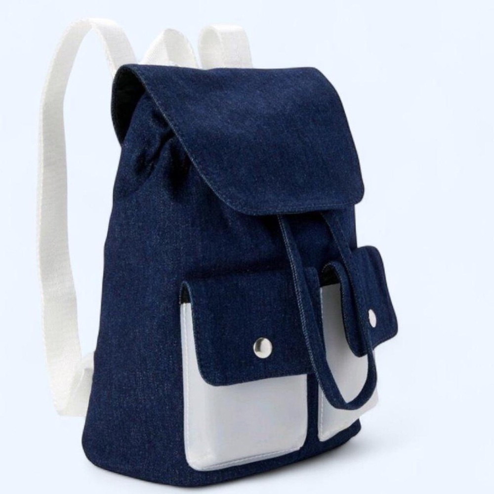 White Navy Blue Mini Faux Denim Jean Drawstring Backpack